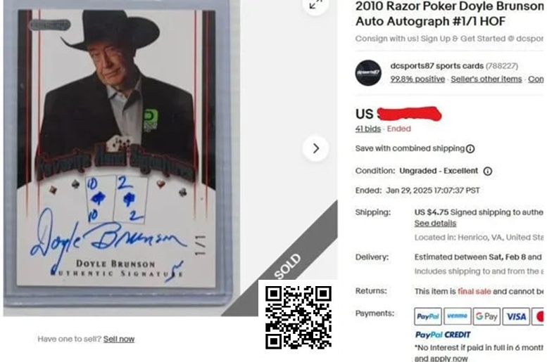 【EV撲克】趣闻 | Doyle Brunson亲笔签名扑克交易卡以1603美元高价成交