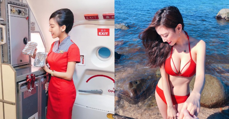 「氣質空服員」褪下保守制服竟是巨乳身材！海邊大曬白嫩渾圓奶球！