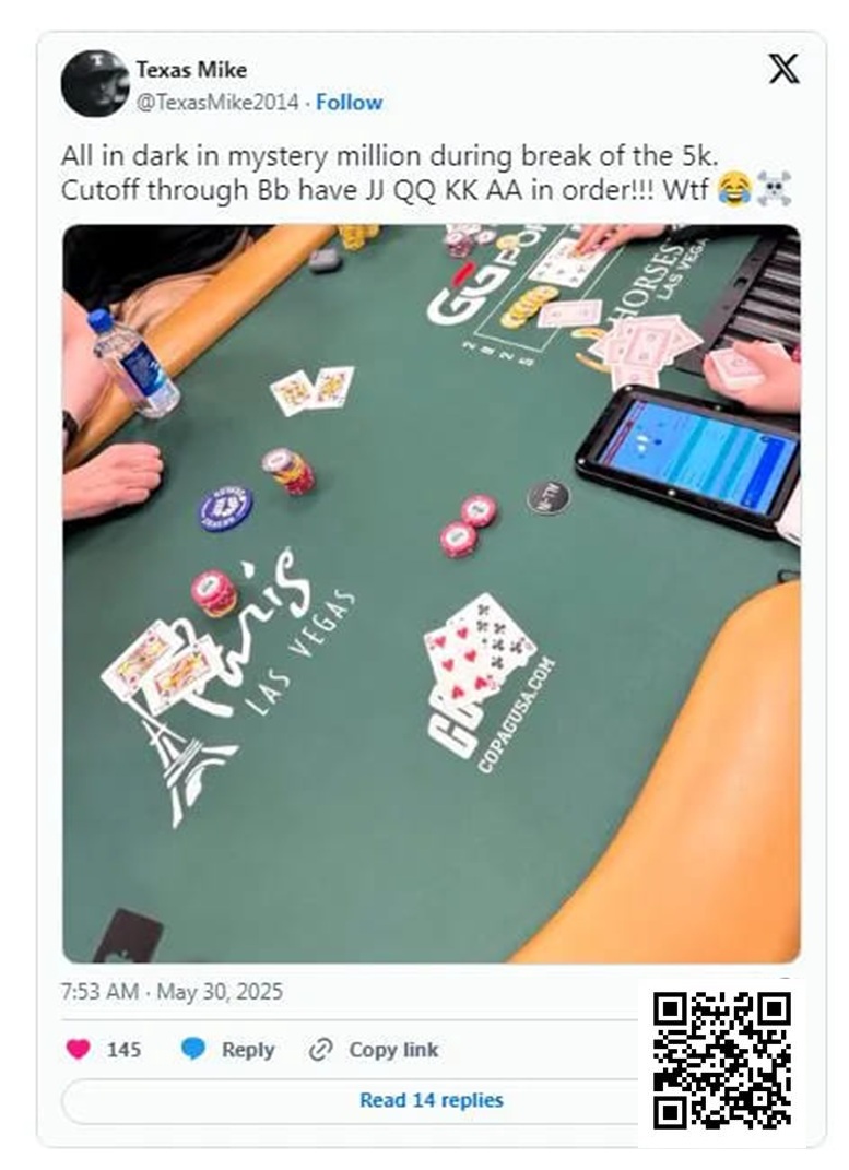 【EV撲克】WSOP的神奇时刻：Michael Moncek在盲注位全下，没想到身后有JJ、QQ、KK和AA