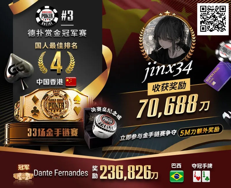 【EV撲克】WSOP线上金手链｜茅人及斩获赏金赛冠军！中国香港选手“jinx34”夺#4第四名佳绩
